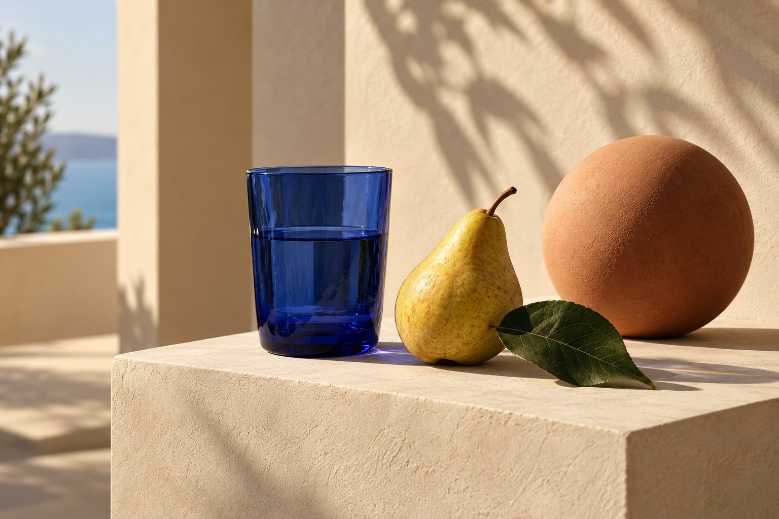 Imagen de concepto: vaso azul, pera y esfera de barro al sol